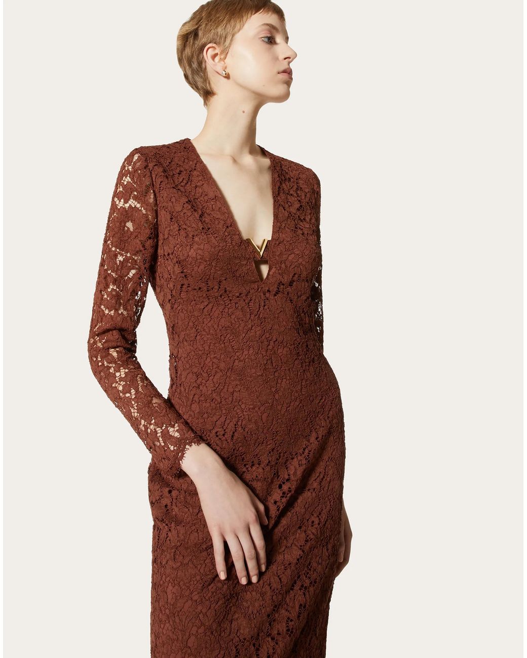 Valentino Brown Floral-Lace Long-Sleeve Long Dress