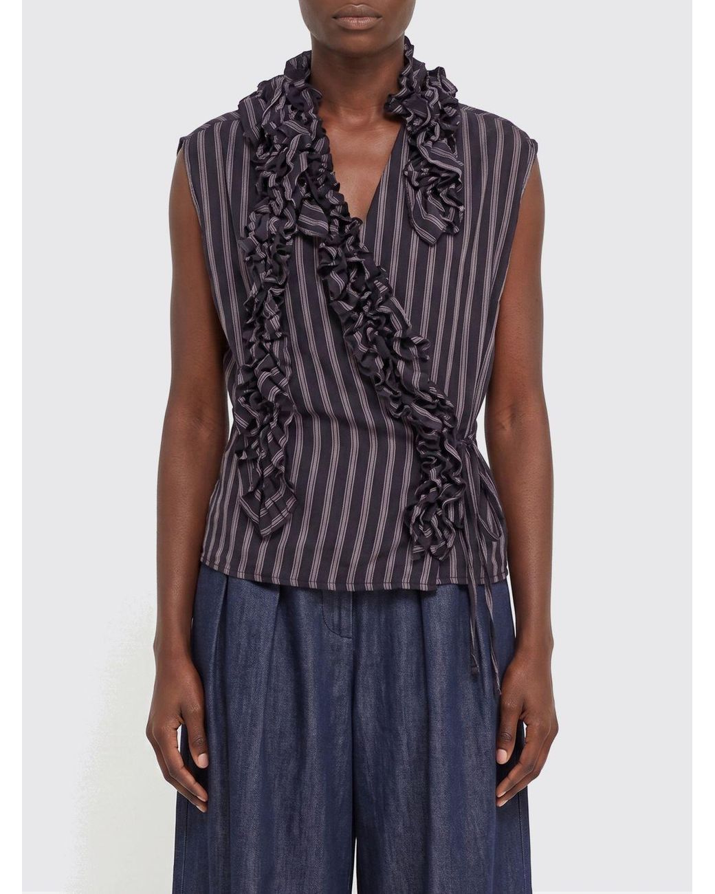 Dries Van Noten Black Striped Ruffled Top