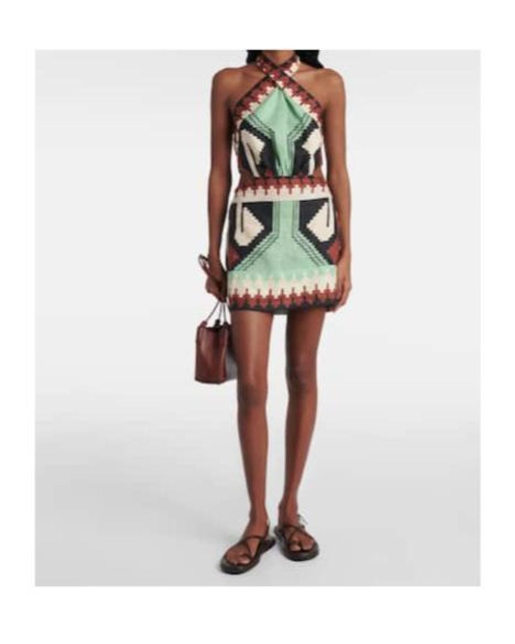 Johanna Ortiz Green Printed Halterneck Linen Minidress