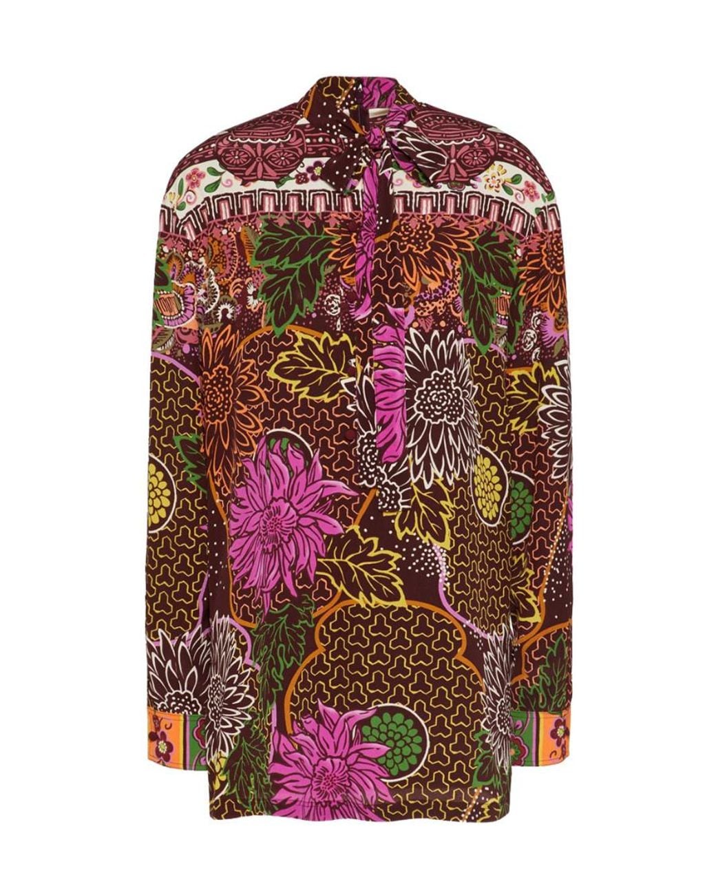 Valentino Red Floral Print Pussy Bow Blouse