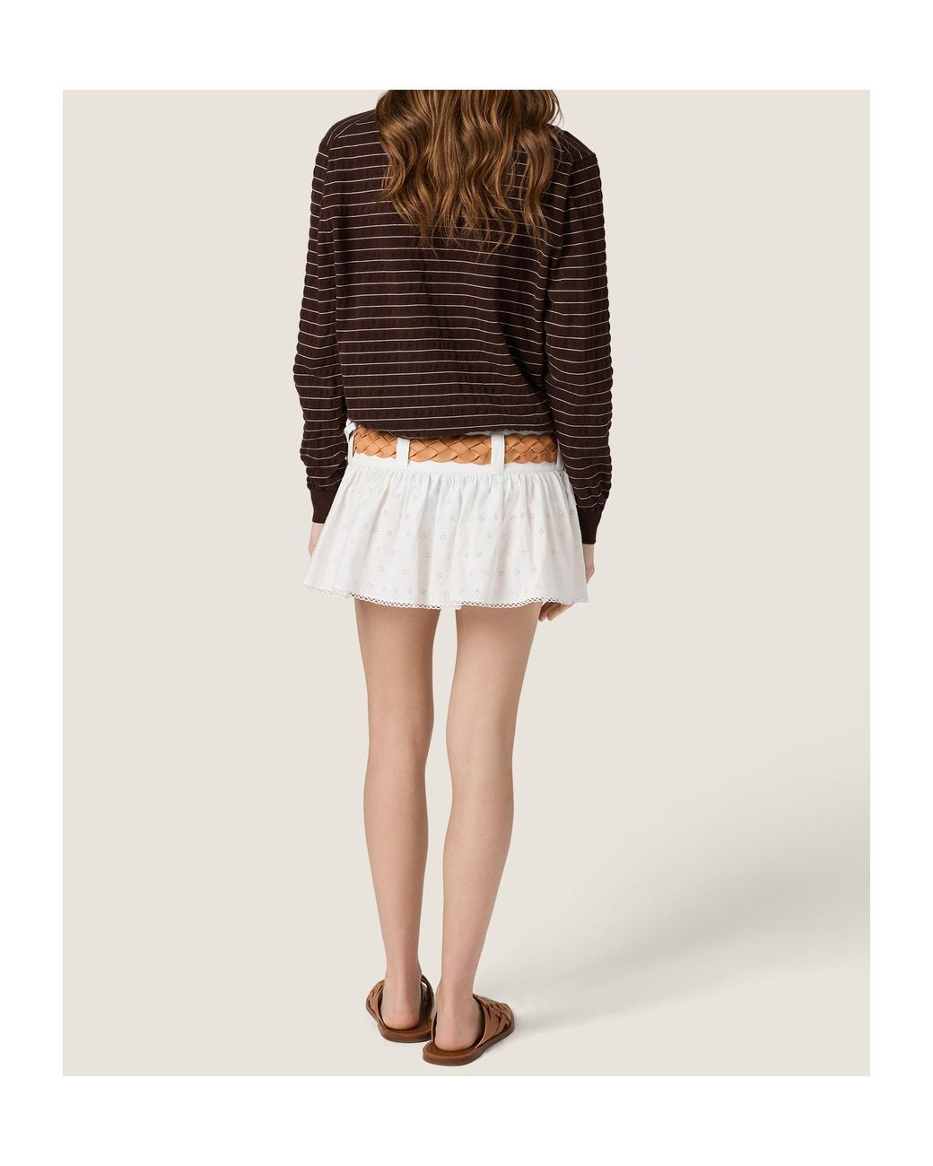 Miu Miu White Slubbed Poplin And Eyelet Lace Miniskirt