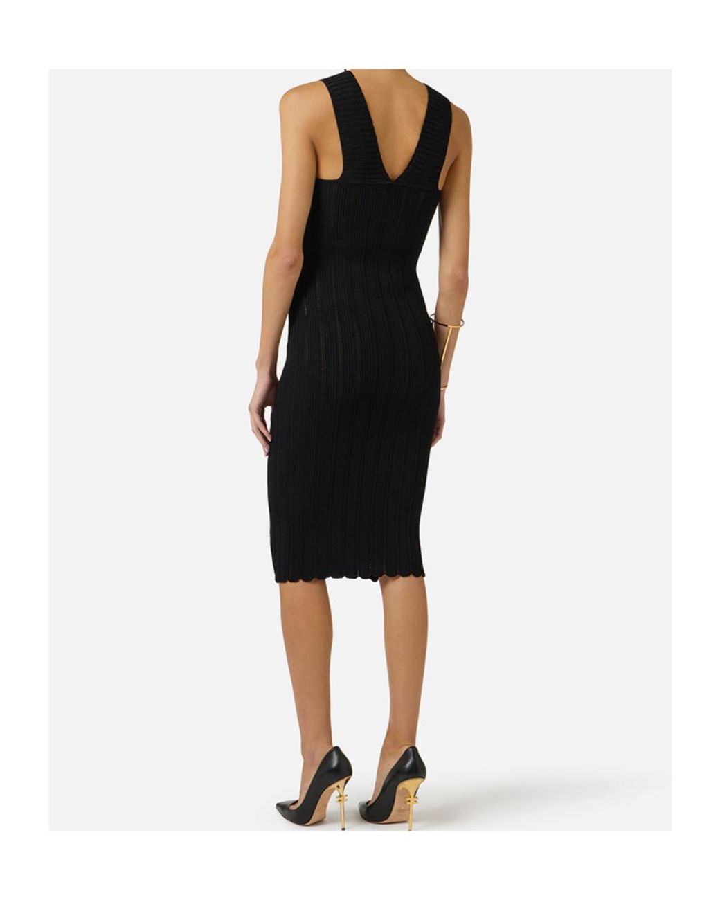 Elisabetta Franchi Black Pointelle V-Neck Knitted Dress
