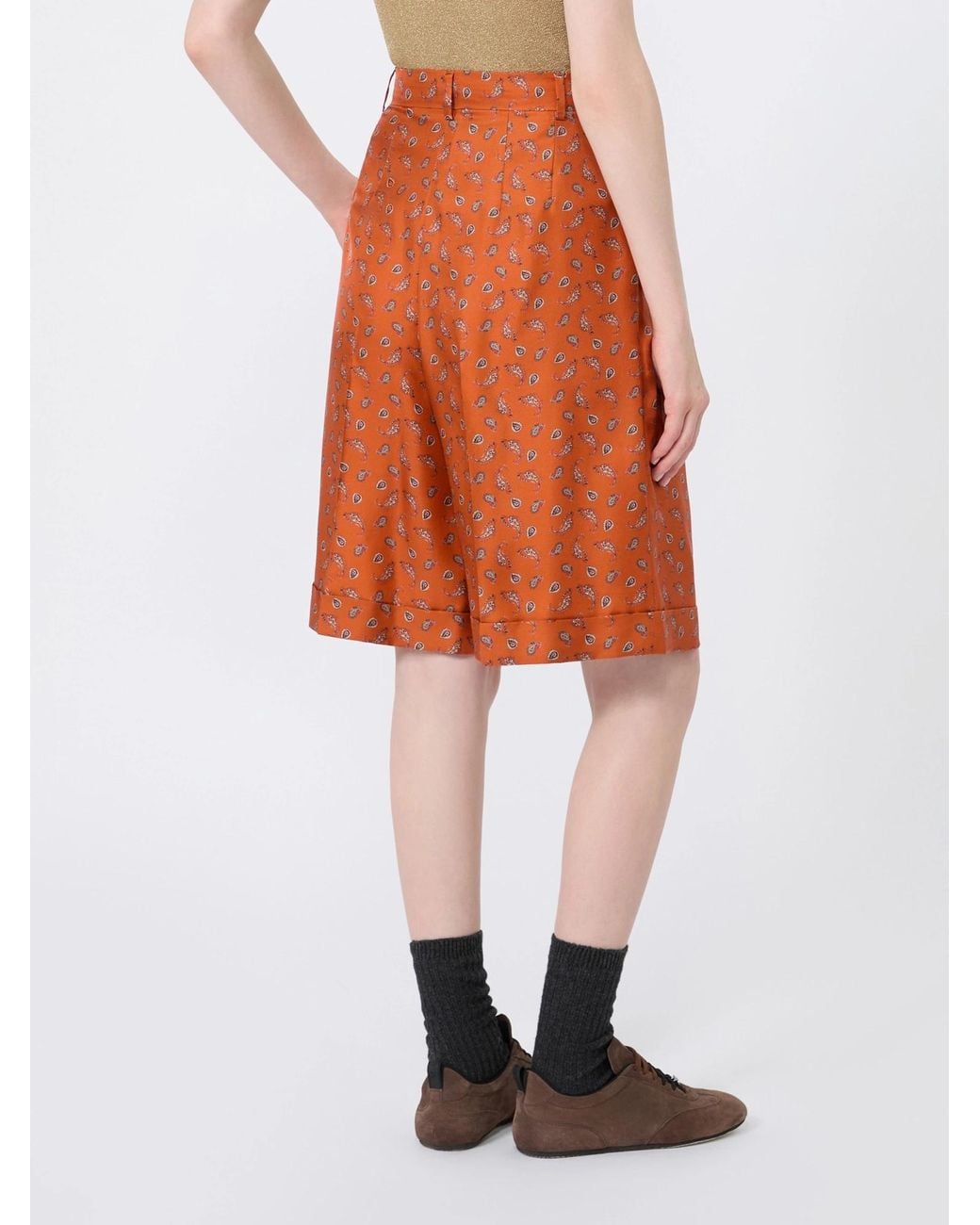 Max Mara Orange Printed Silk Twill Bermuda Shorts