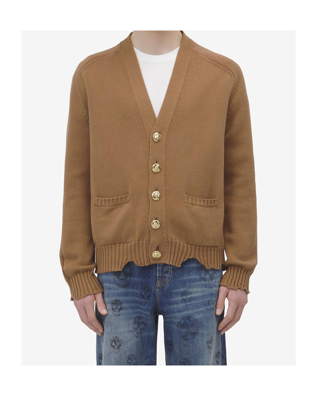 McQueen Brown Distressed Skull V-Neck Cardigan for men