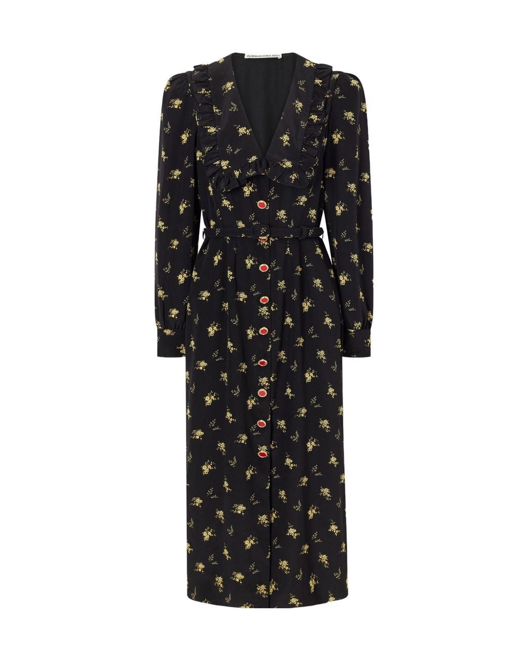 Alessandra Rich Black Belted Ruffled Floral-Print Silk-Crepe Midi Dress