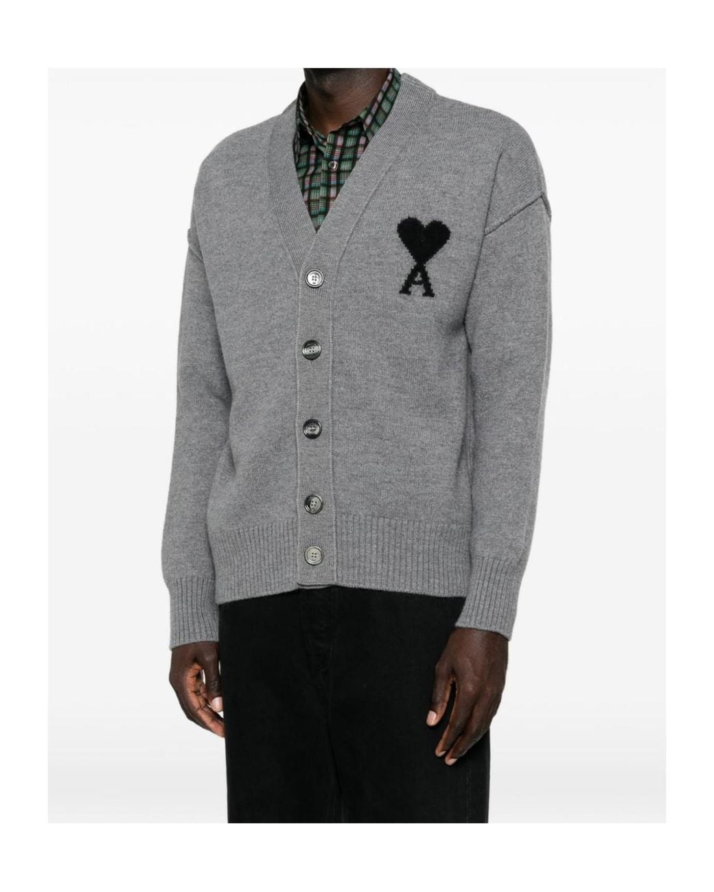 AMI Gray Ami Ami De Coeur V-Neck Cardigan for men