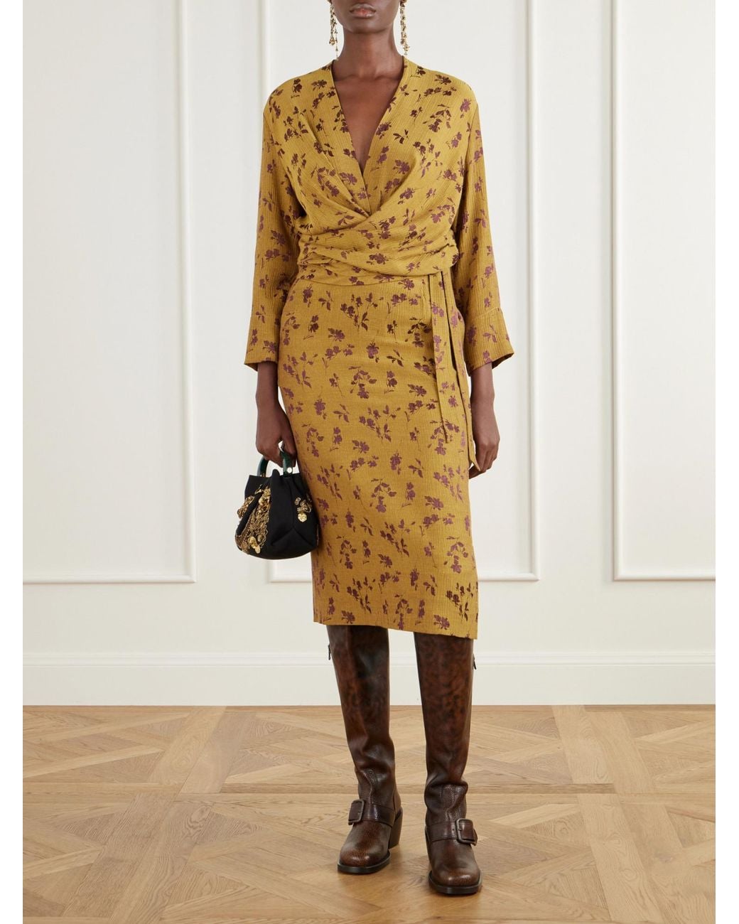Dries Van Noten Yellow Floral-Jacquard Satin Midi Dress