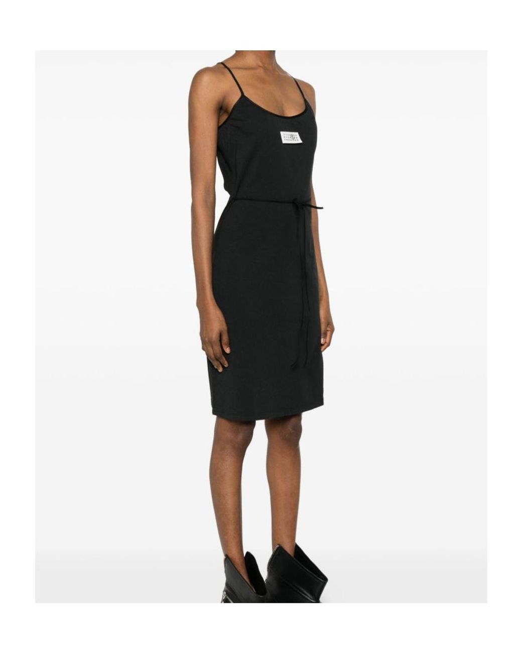 MM6 by Maison Margiela Black Spaghetti-Strap Logo-Patch Mini Dress