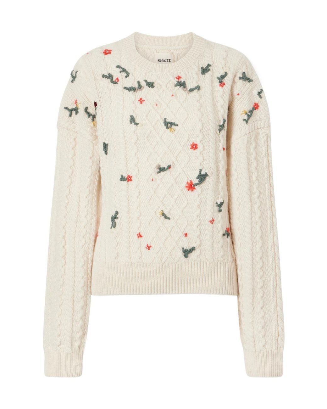Khaite Natural Floral-Embroidered Cable-Knit Cashmere Sweater