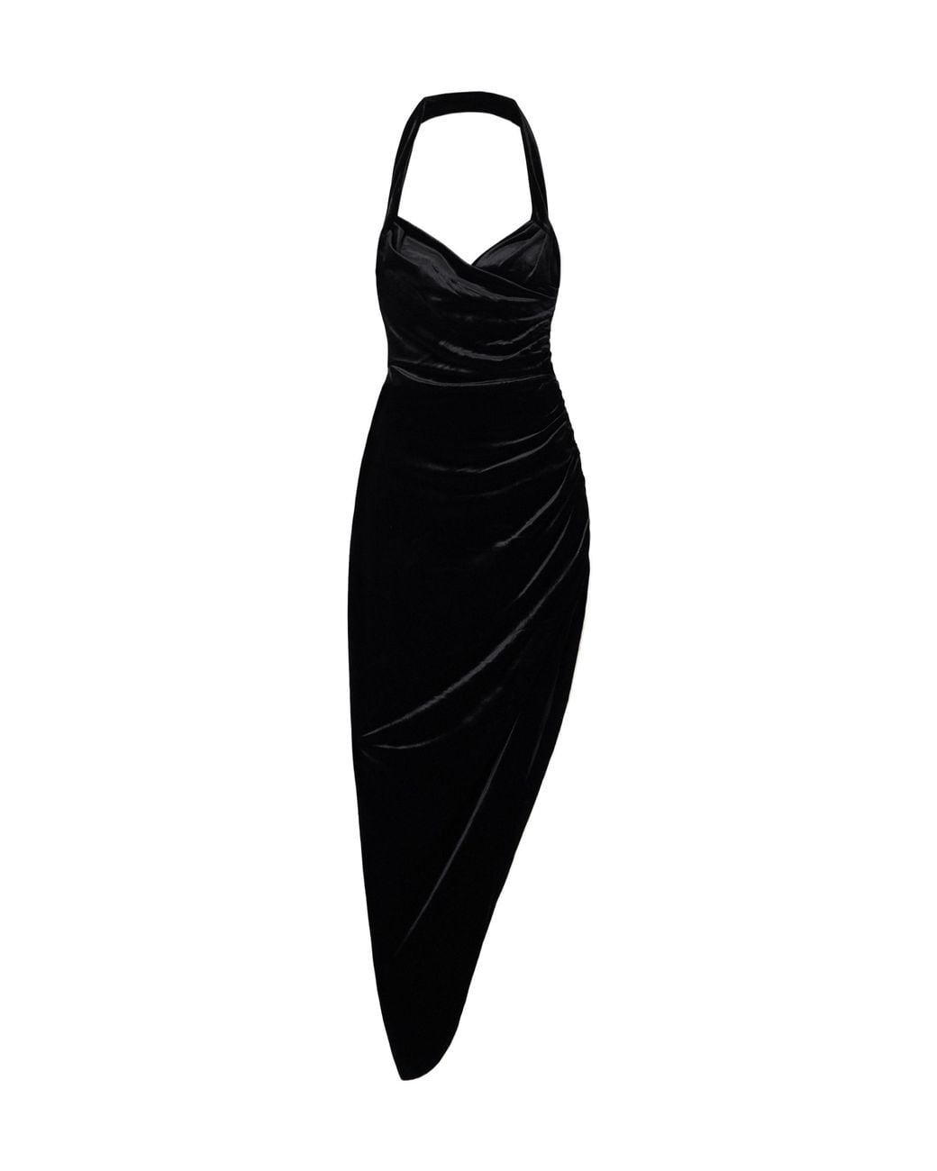 Norma Kamali Black Cayla Asymmetric Ruched Velvet Halterneck Gown