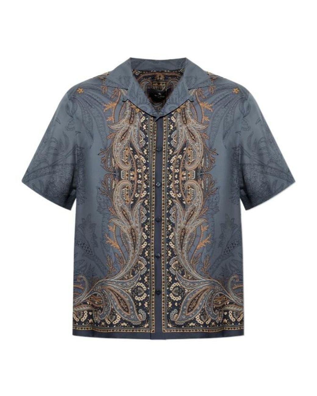 Etro Blue Pegasus Paisley Short Sleeve Shirt for men