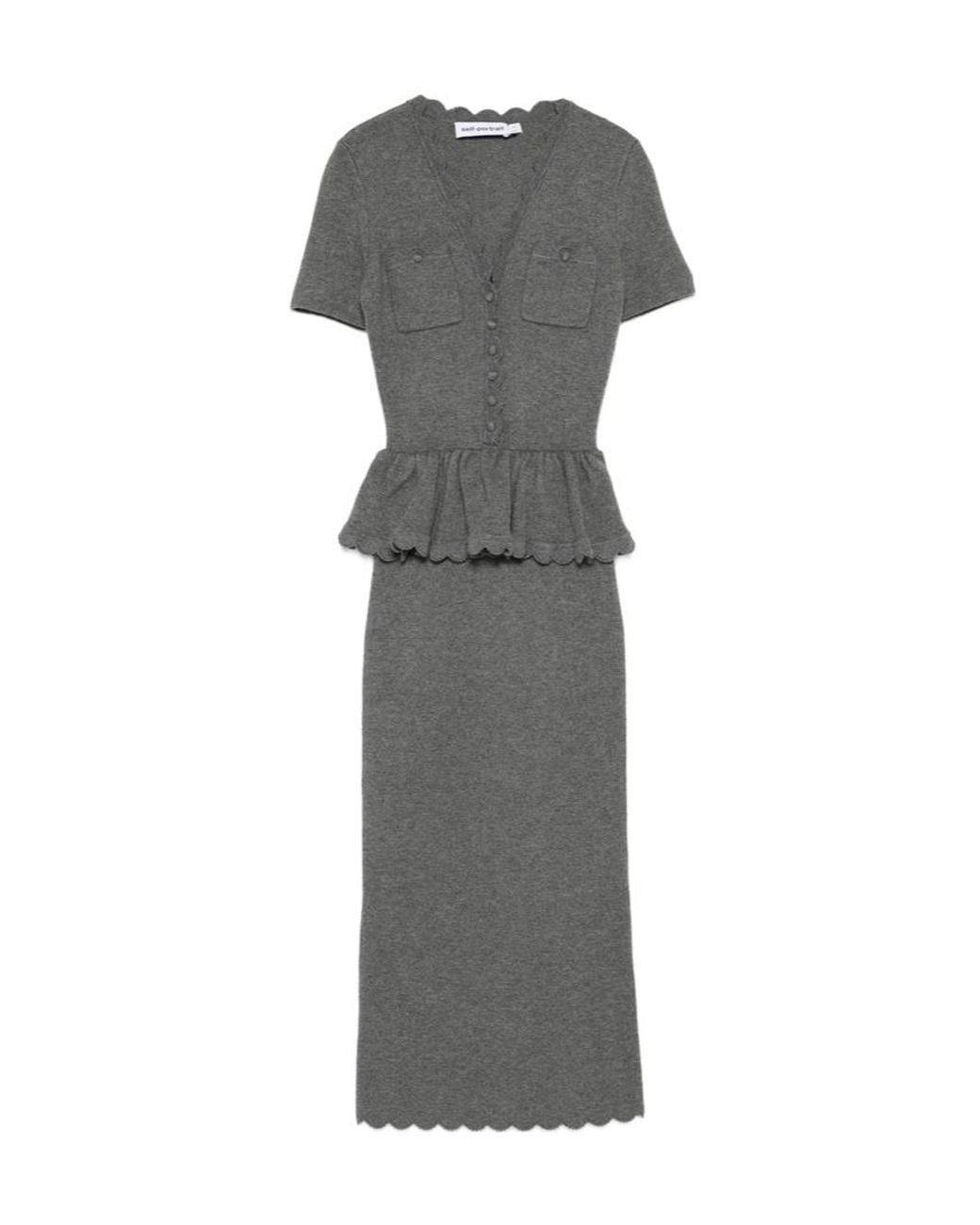 Self-Portrait Gray V-Neck Knit Midi Dress