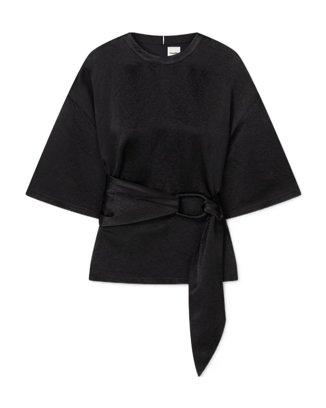 Nanushka Black Besia Belted Crinkled Satin Top