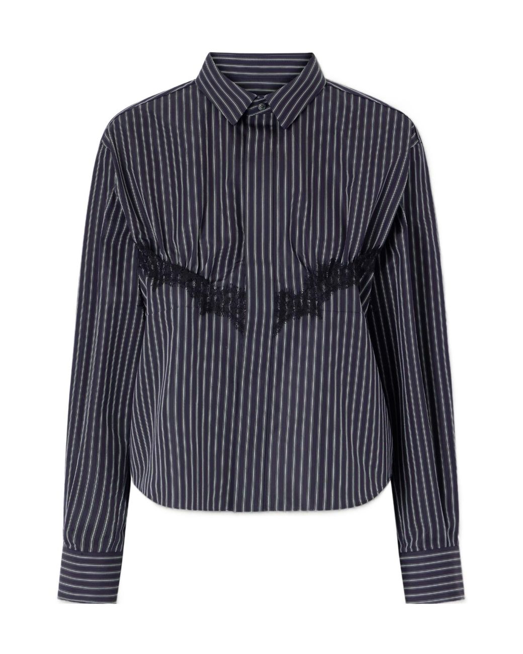 Sacai Blue Striped Lace-Trimmed Cotton-Blend Poplin Shirt