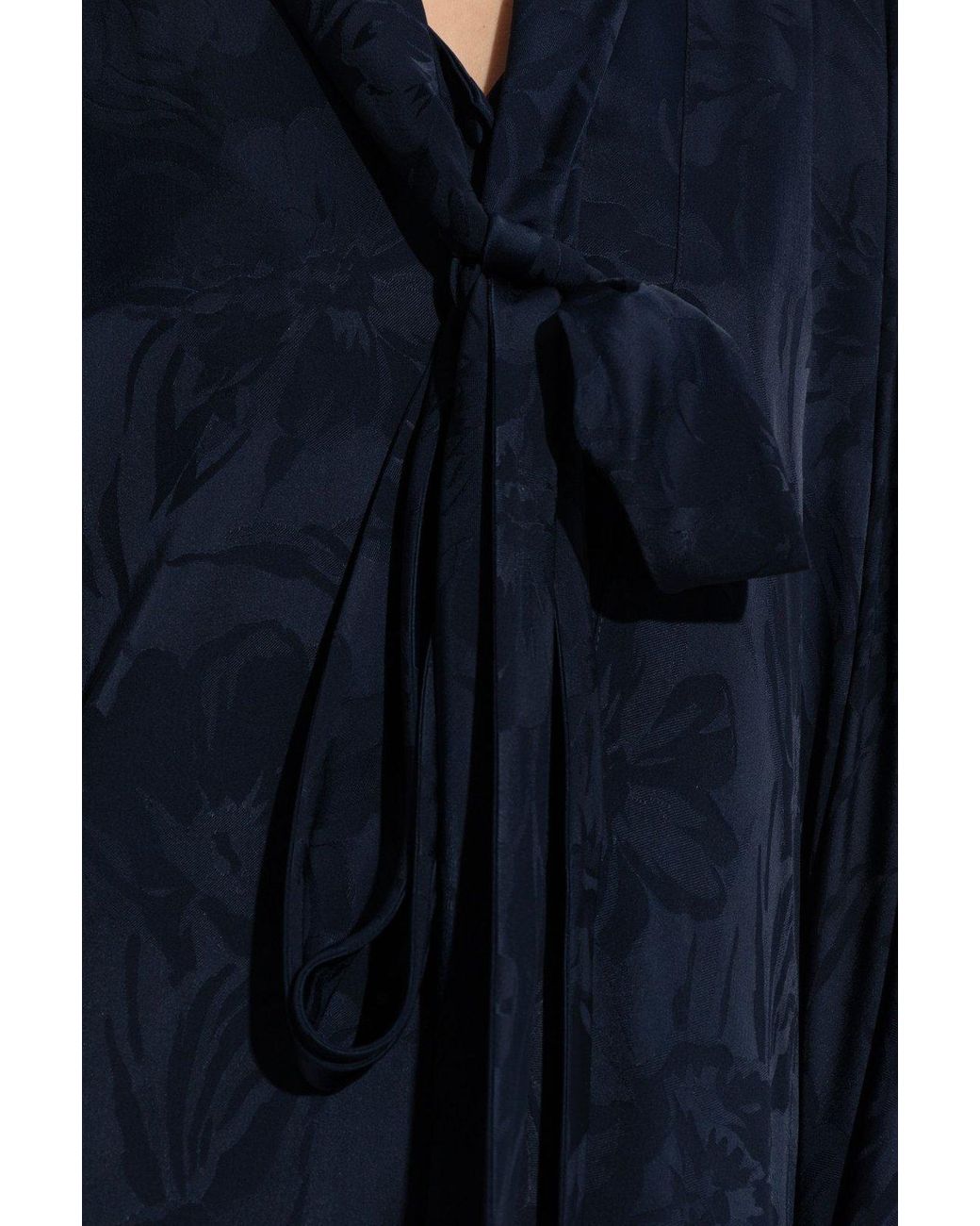 Balenciaga Blue Floral Print Tied-Neck Dress