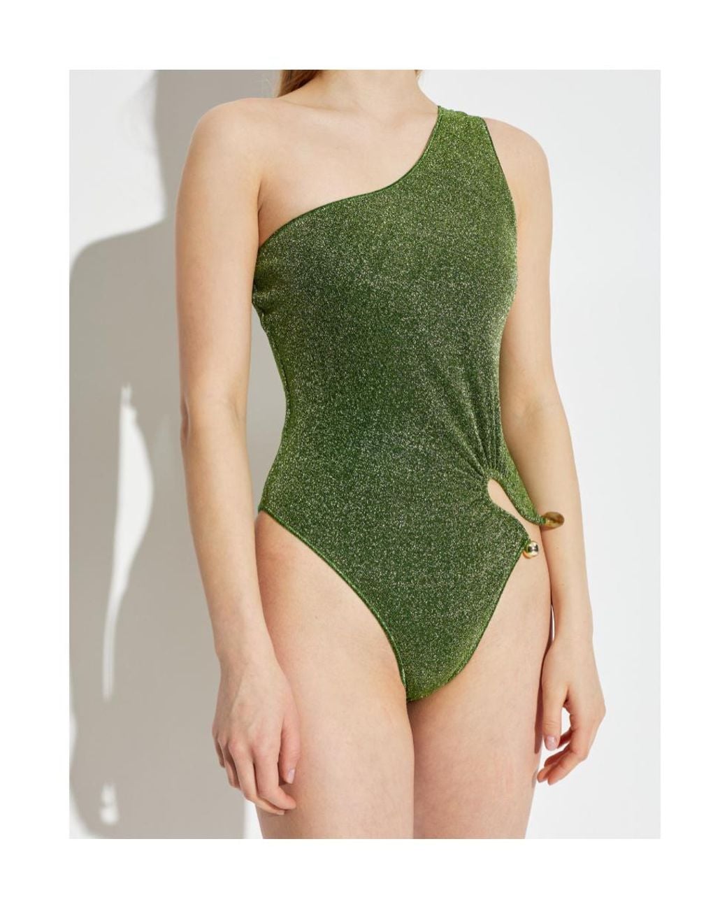 Oseree Green Oséree Lumière Embellished One Shoulder Maillot