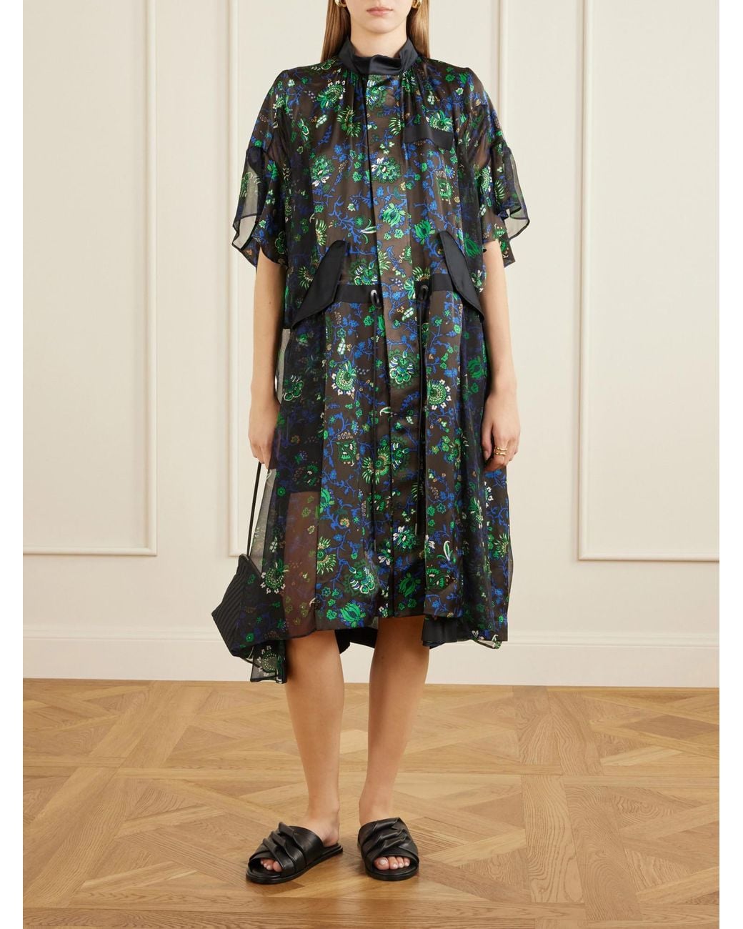 Sacai Green Floral-Print Satin Midi Dress