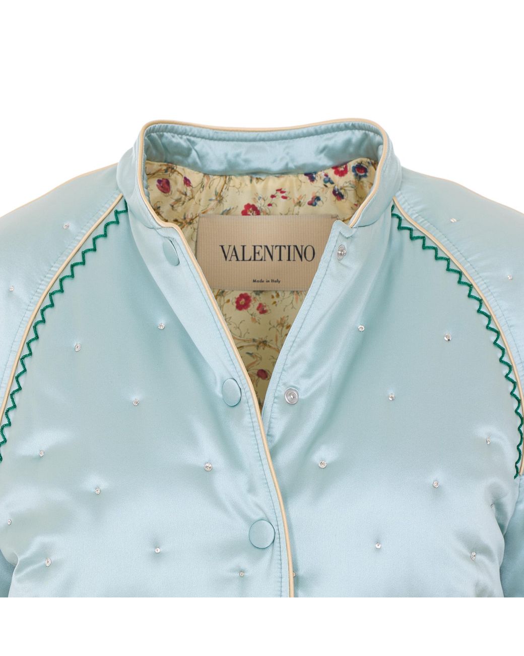 Valentino Blue Floral Embellished Button-Up Quilted Jacket