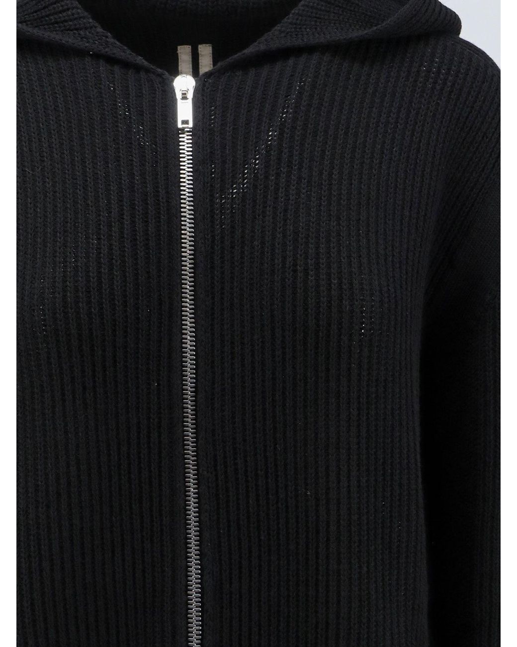 Rick Owens Black Ribbed-Knit Zipped Hoodie for men