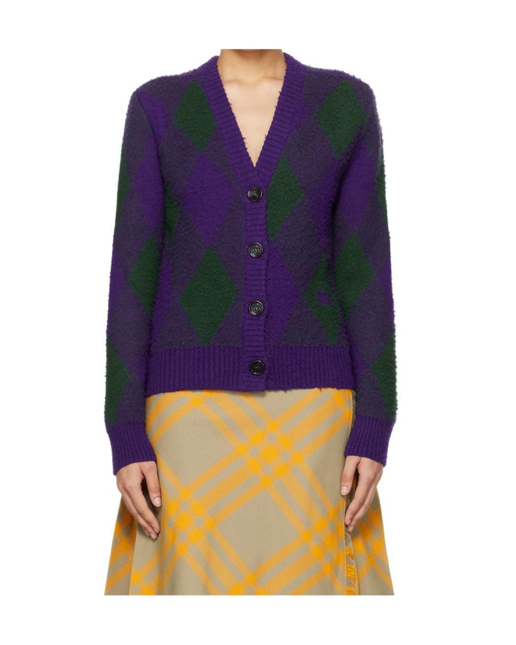Burberry Blue Argyle-Intarsia-Knit V-Neck Cardigan