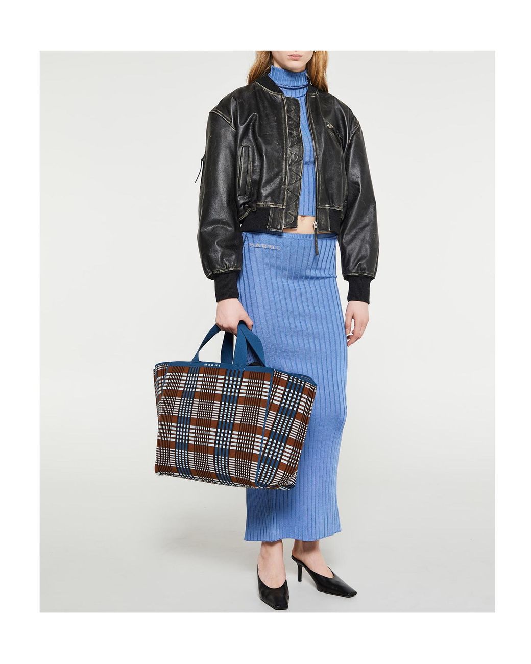 Marni Blue Logo Intarsia Ribbed-Knit Maxi Skirt