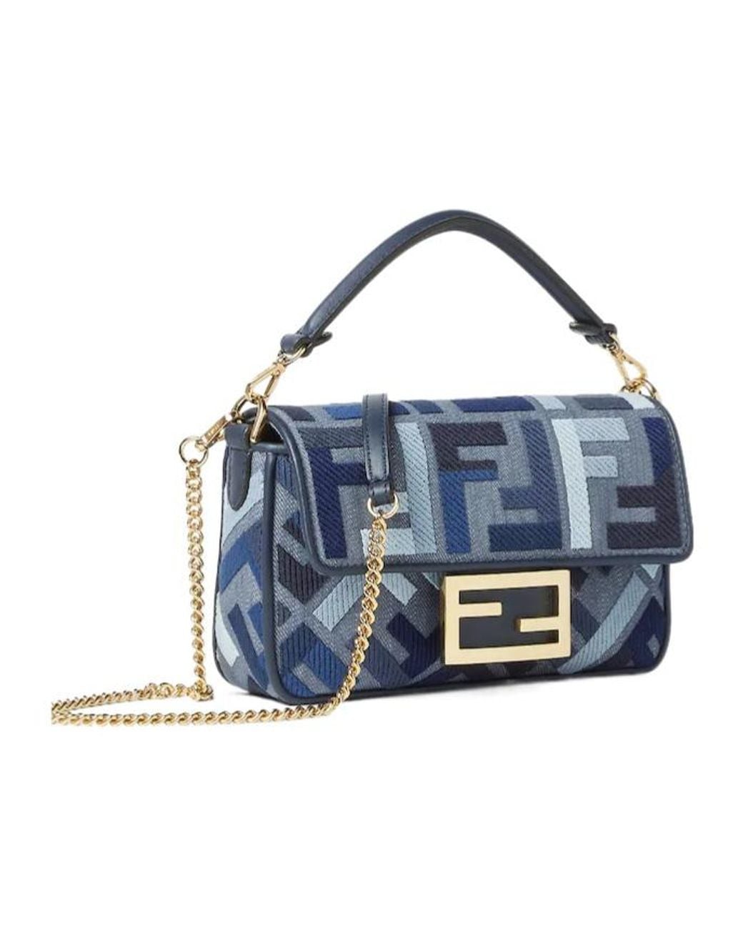 Fendi Blue Baguette Ff Embroidered Mini Tote Bag
