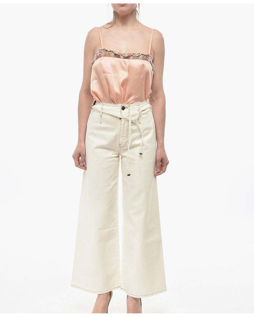 Etro Natural Wide-Leg Trousers With Topstitching
