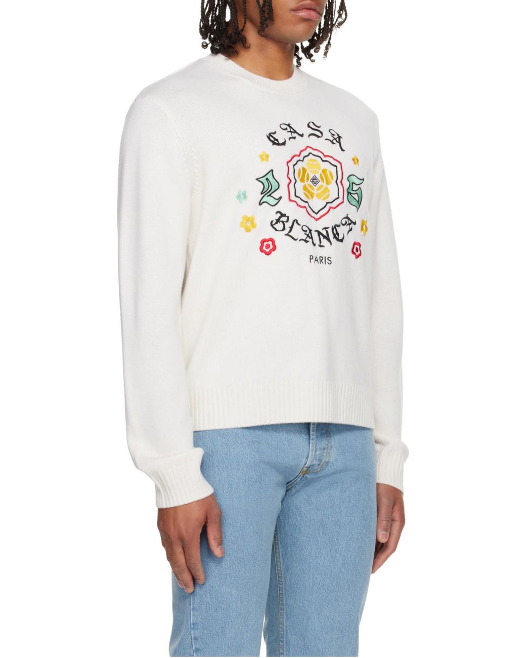 Casablanca White Floral Embroidered Crew Neck Sweater for men