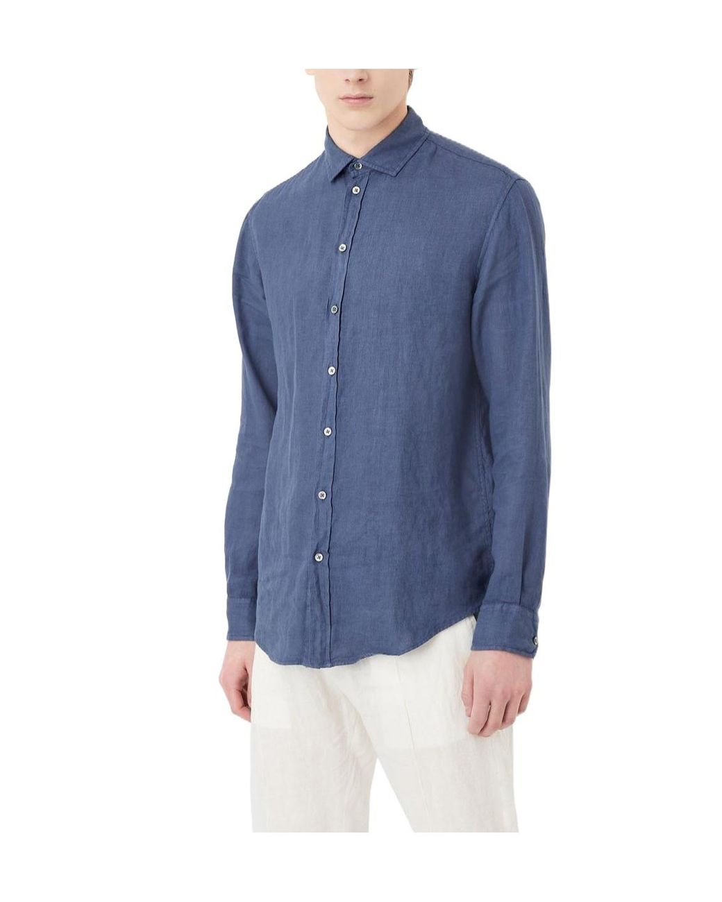 Emporio Armani Blue Collar Longsleeve Linen Shirt for men