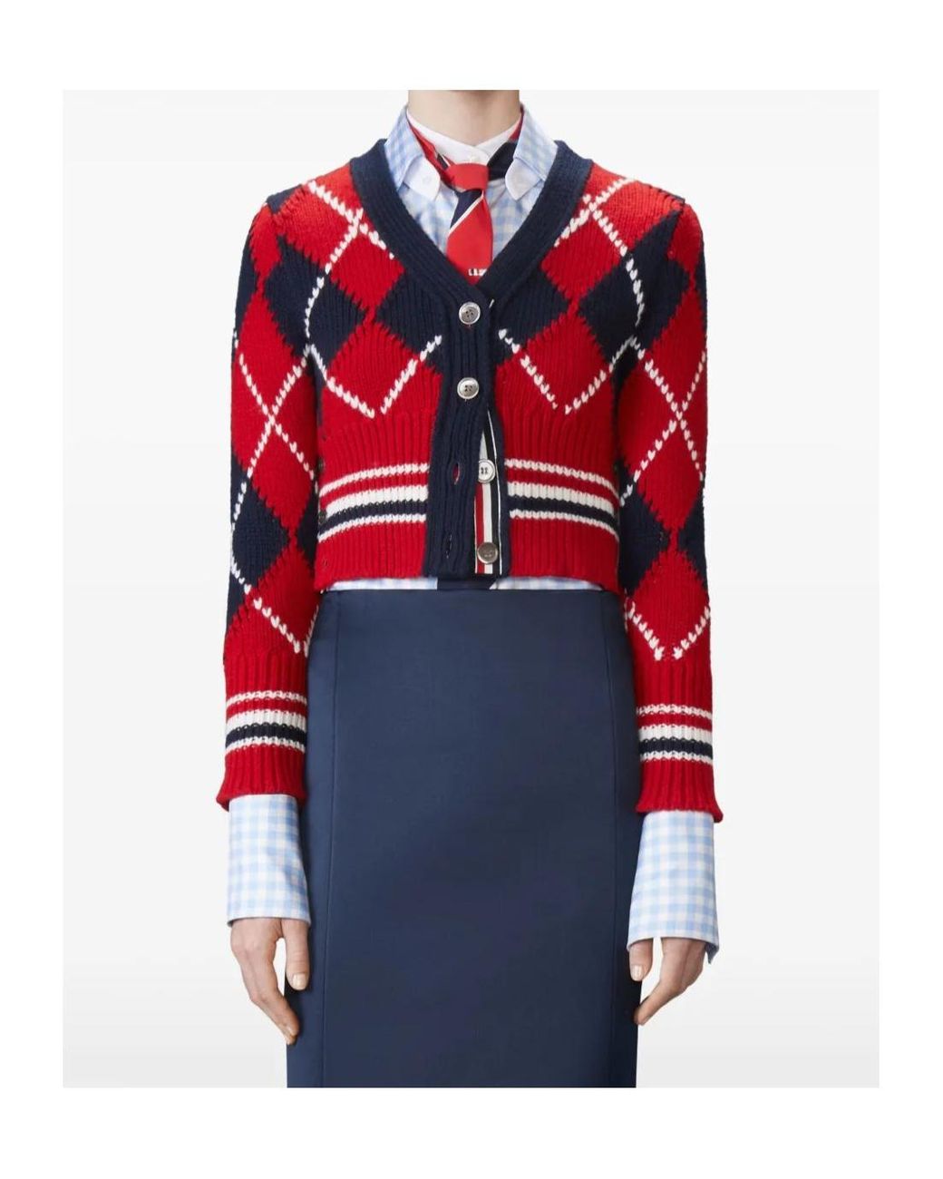 Thom Browne Red Argyle Intarsia V-Neck Cardigan