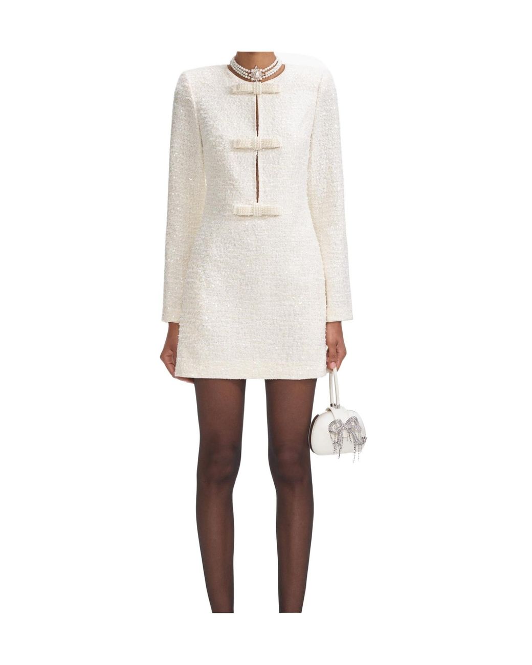 Self-Portrait White Boucle Diamante Bow Mini Dress