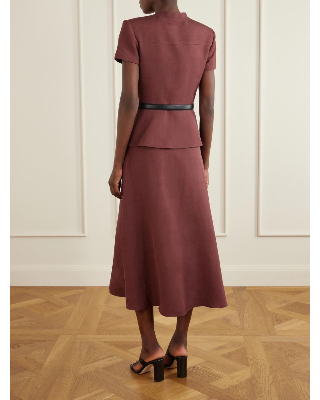 Self-Portrait Red Belted Peplum-Waist Midi Dress