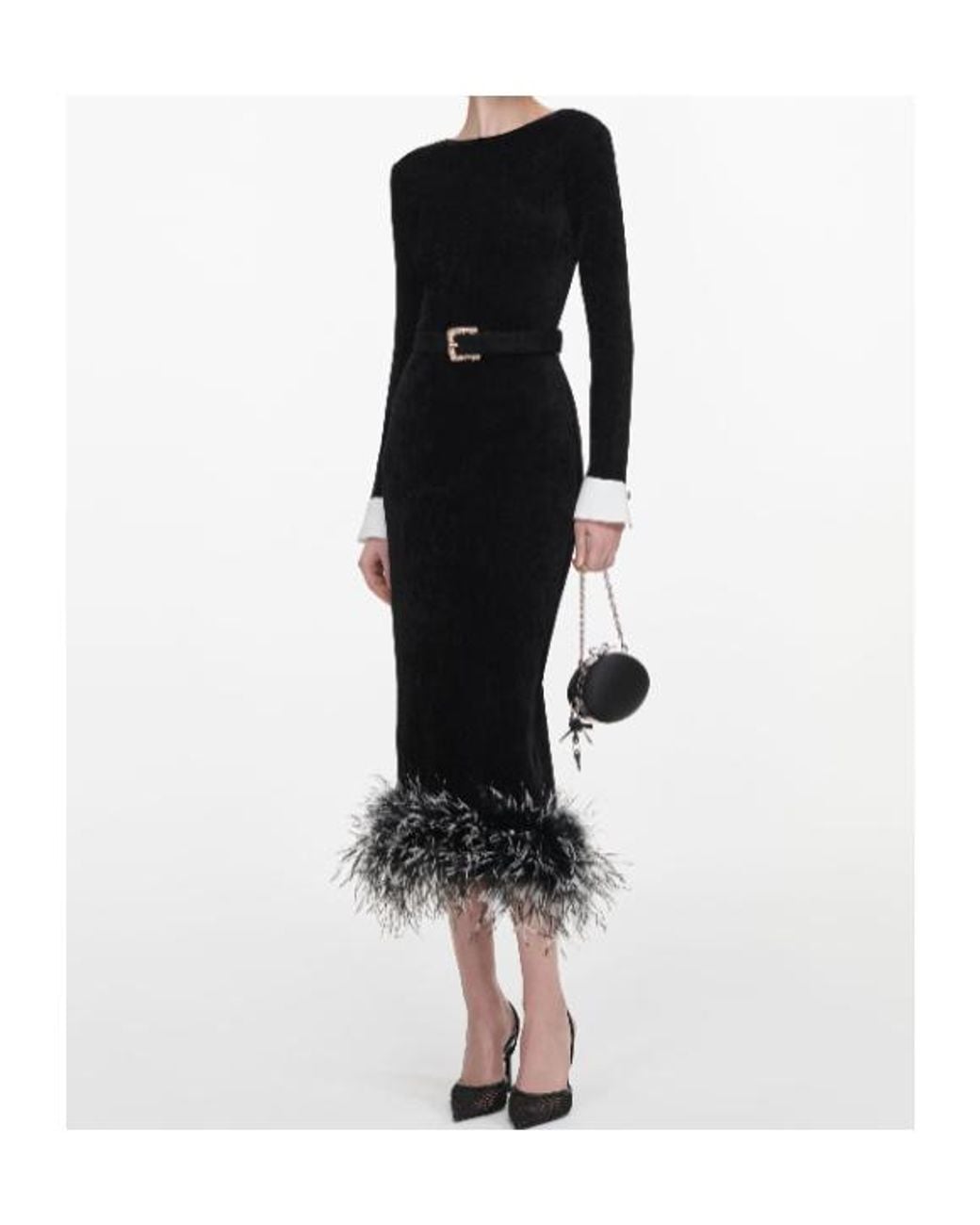 Self-Portrait Black Chenille Knit Feather Midi Dress