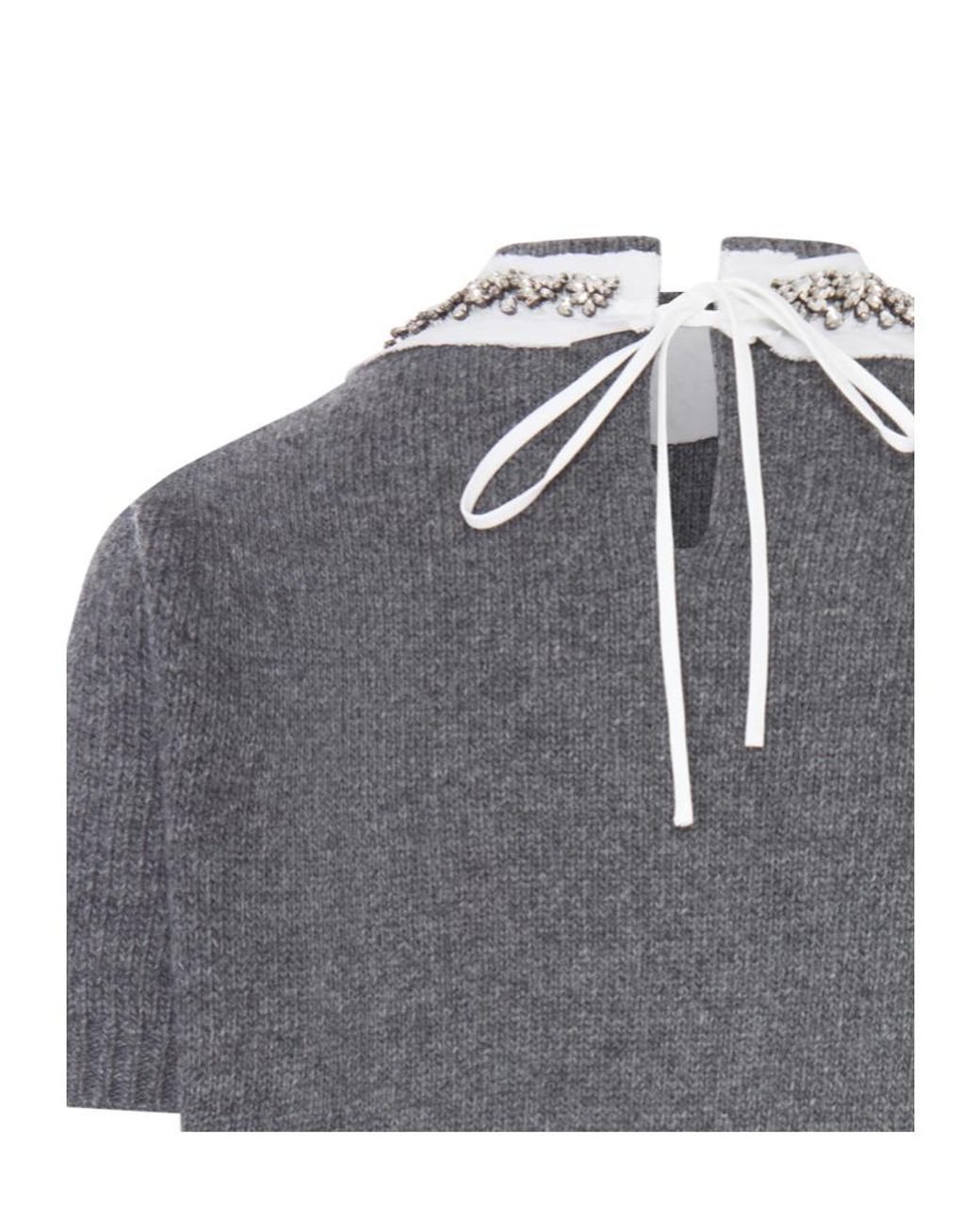 Prada Gray Embellished Collar Short-Sleeved Knitted Jumper