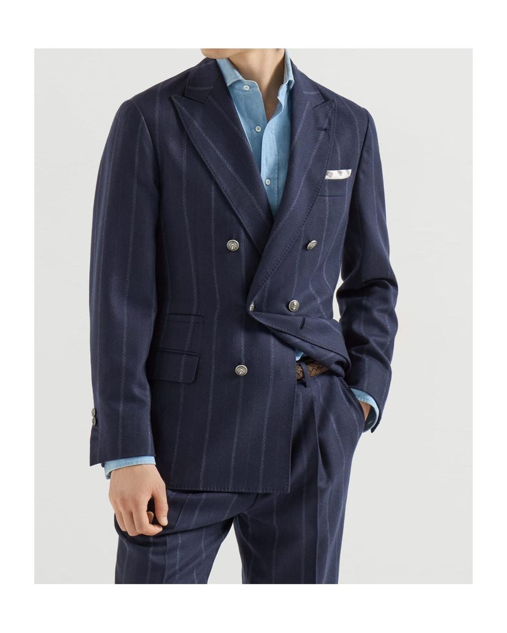 Brunello Cucinelli Blue Cashmere And Virgin Wool Multistripe Twill One-And-A-Half Breasted Deconstructed Blazer With Metal Buttons for men