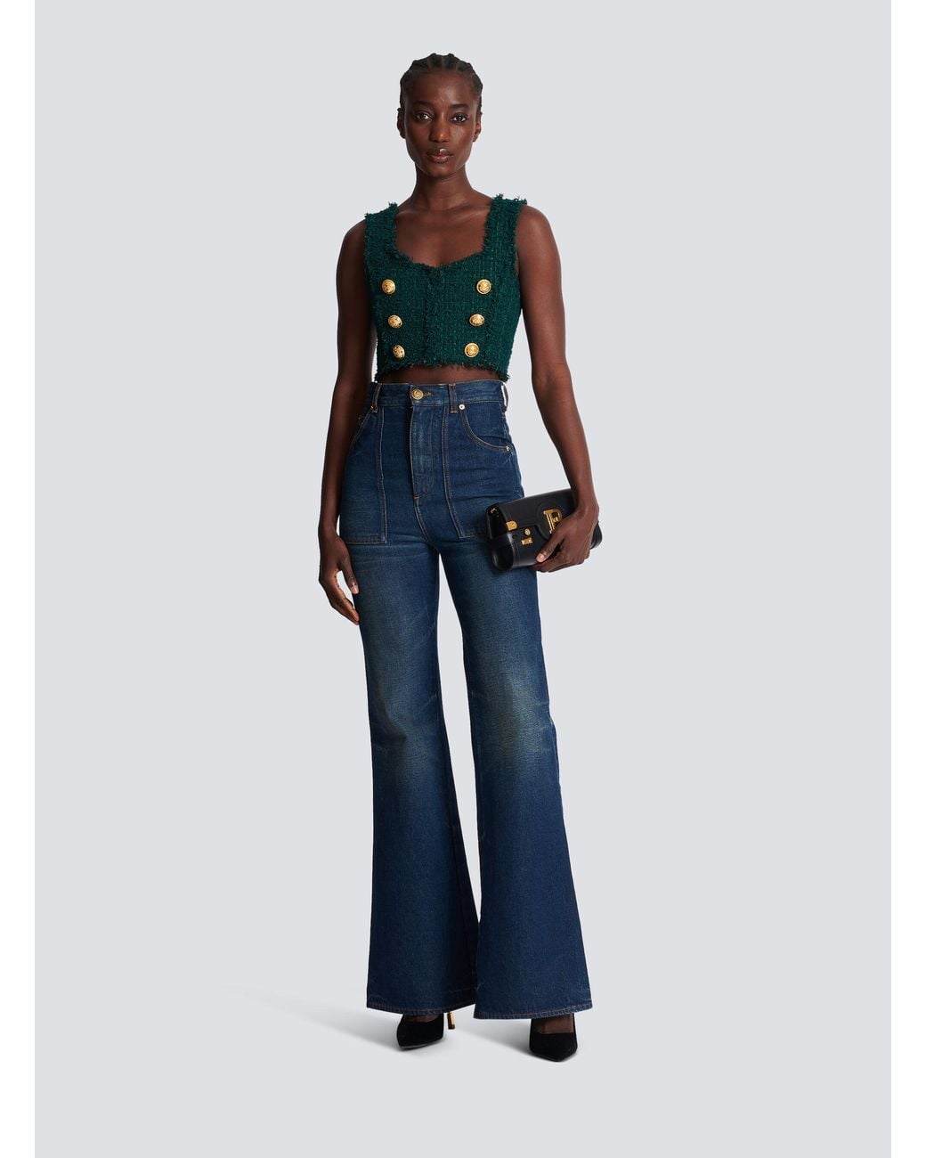Balmain Green Tweed Crop Top