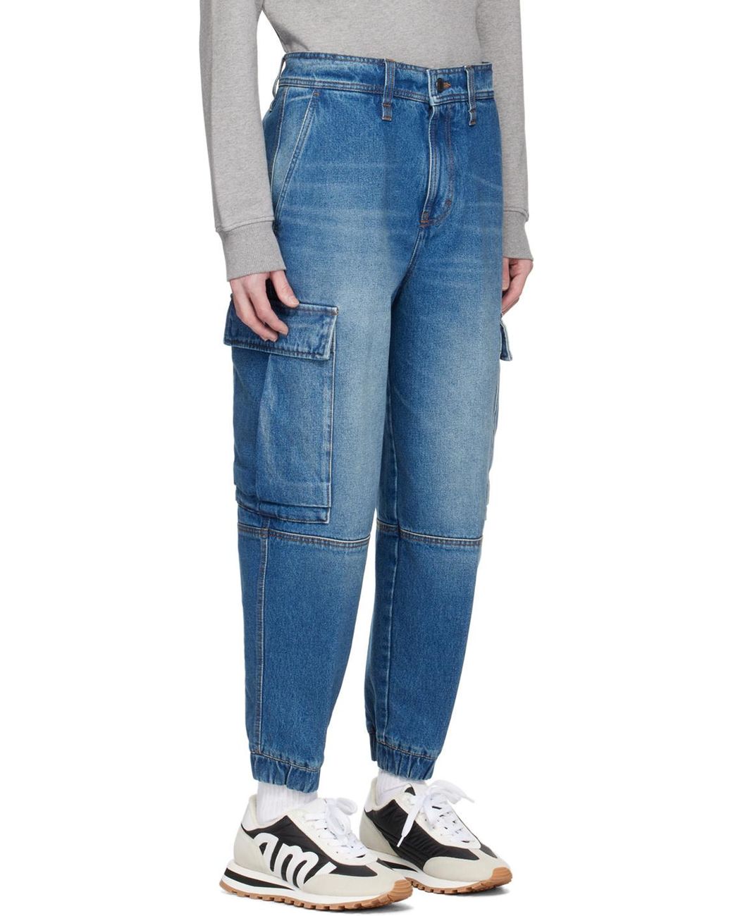 AMI Blue Mid-Wash Denim Cargo Pants for men