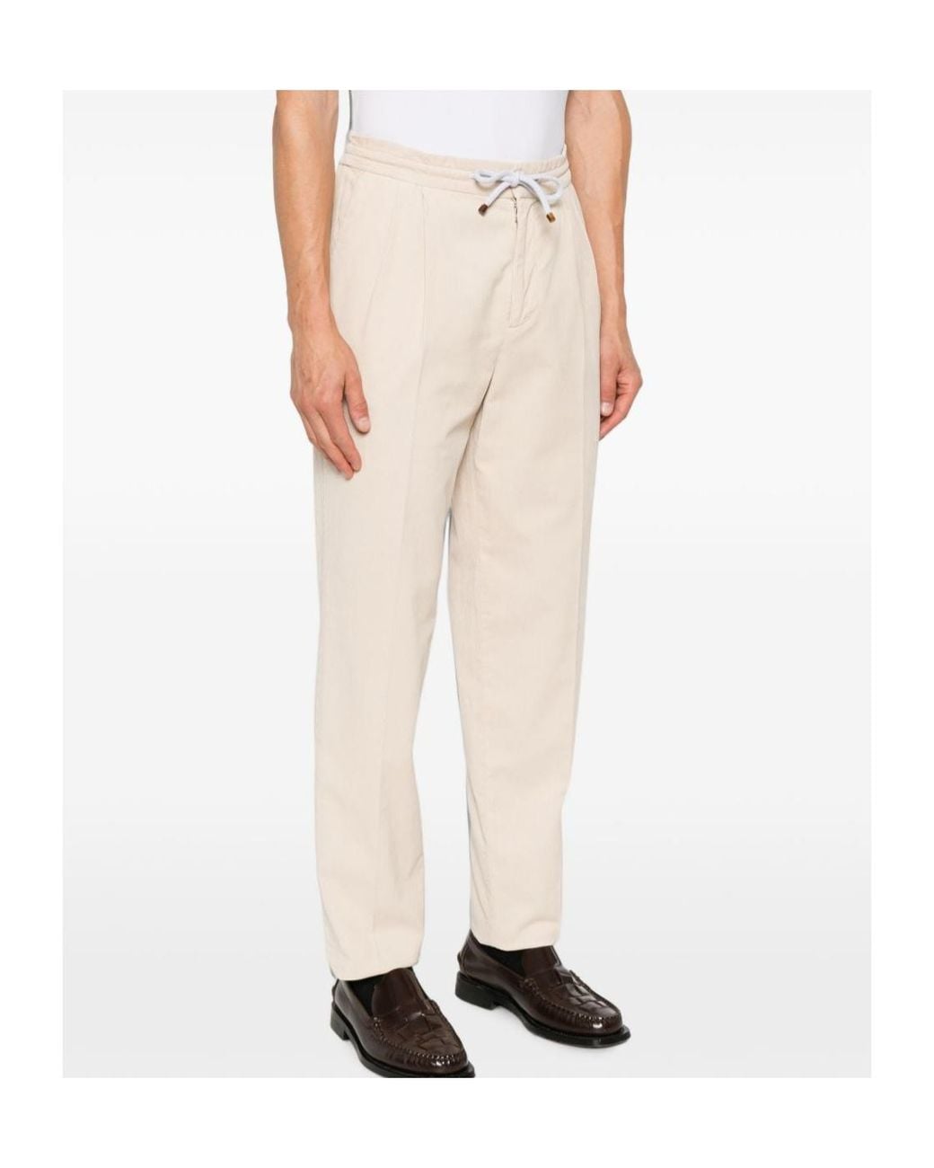 Brunello Cucinelli Natural Pleated Drawstring-Waist Trousers for men