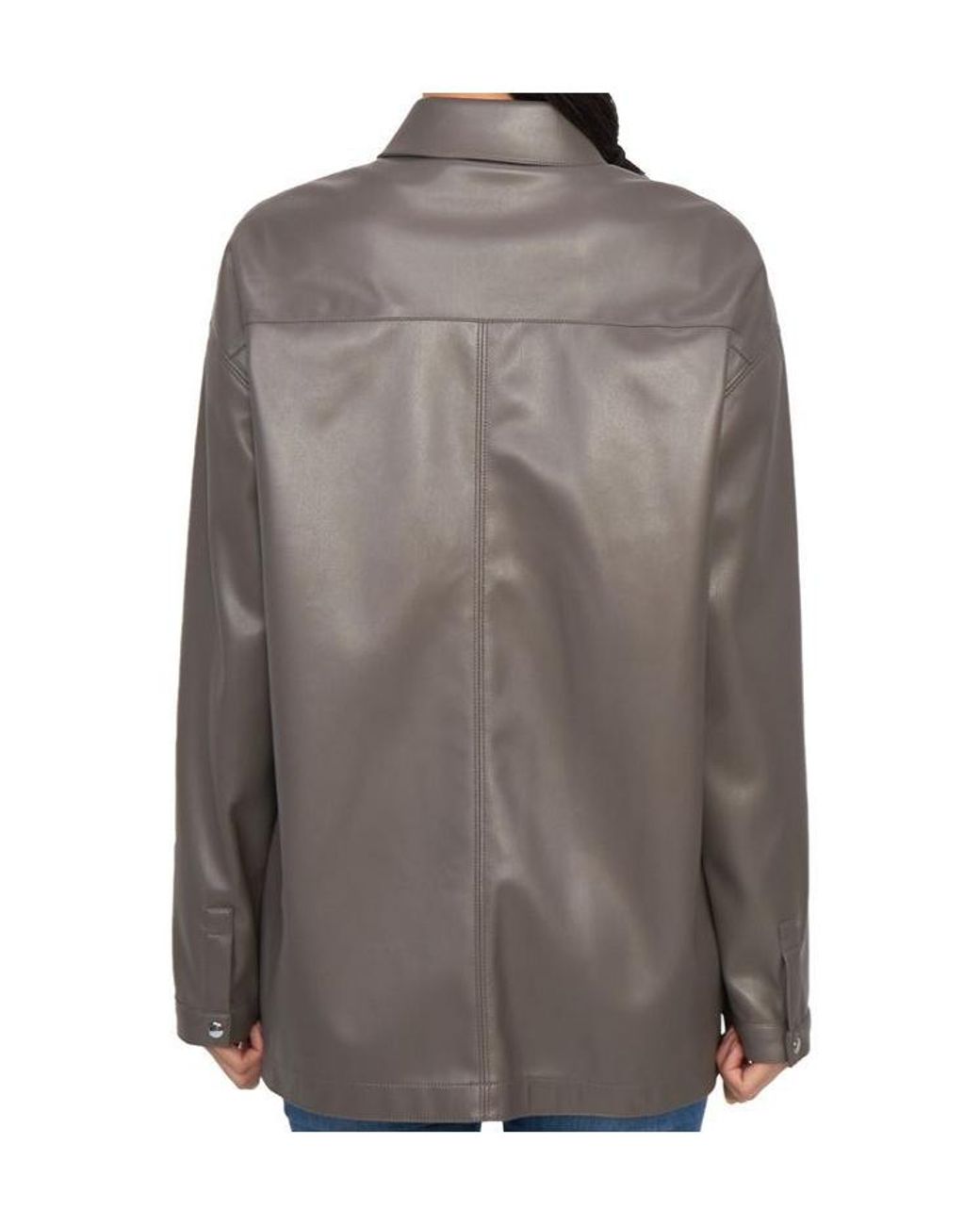 Max Mara Gray Collared Long-Sleeved Leather Jacket