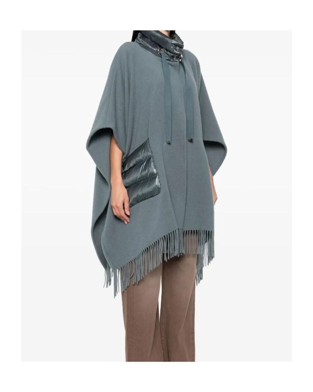 Herno Blue High-Neck Fringed-Edge Drawstring Poncho