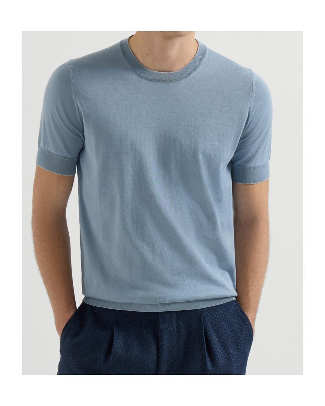 Brunello Cucinelli Blue Cotton Lightweight Knit T-Shirt With Contrast Details for men