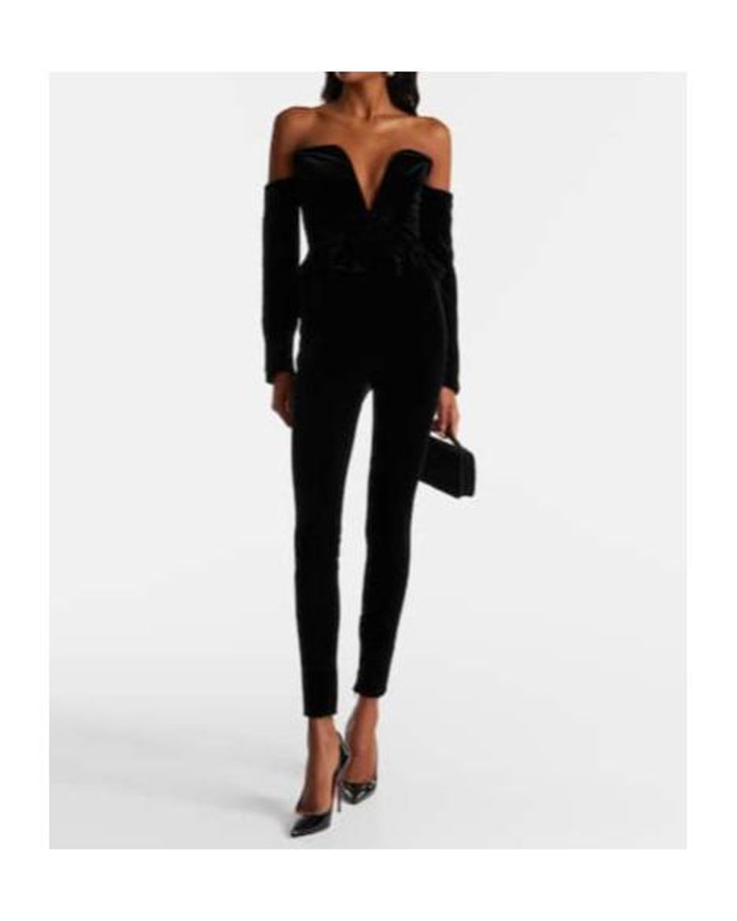 Alessandra Rich Black Bow-Detail Ruffled Off-Shoulder Velvet Jumpsuit