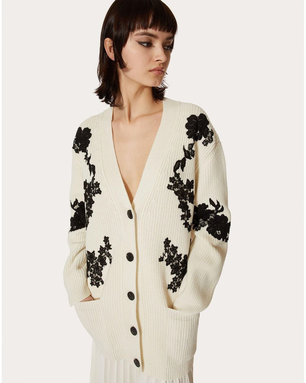 Valentino White Oversized Lace Inserts Cardigan