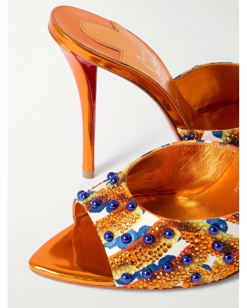 Christian Louboutin White Embellished Printed Faille Mules