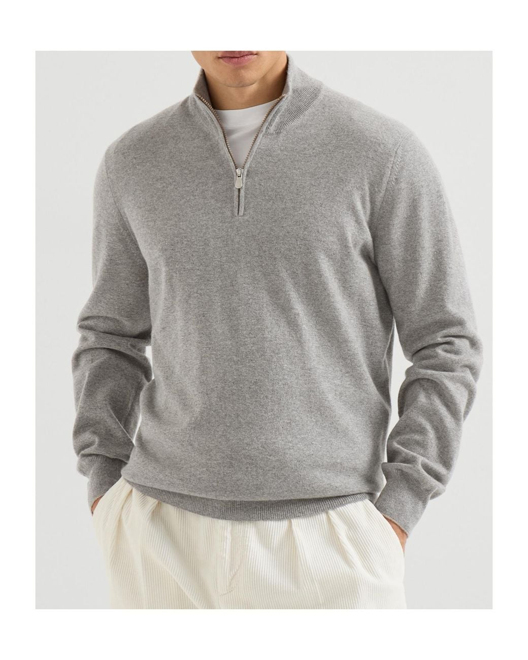 Brunello Cucinelli Gray Cashmere And Vicuña Sweater With Half Zip for men
