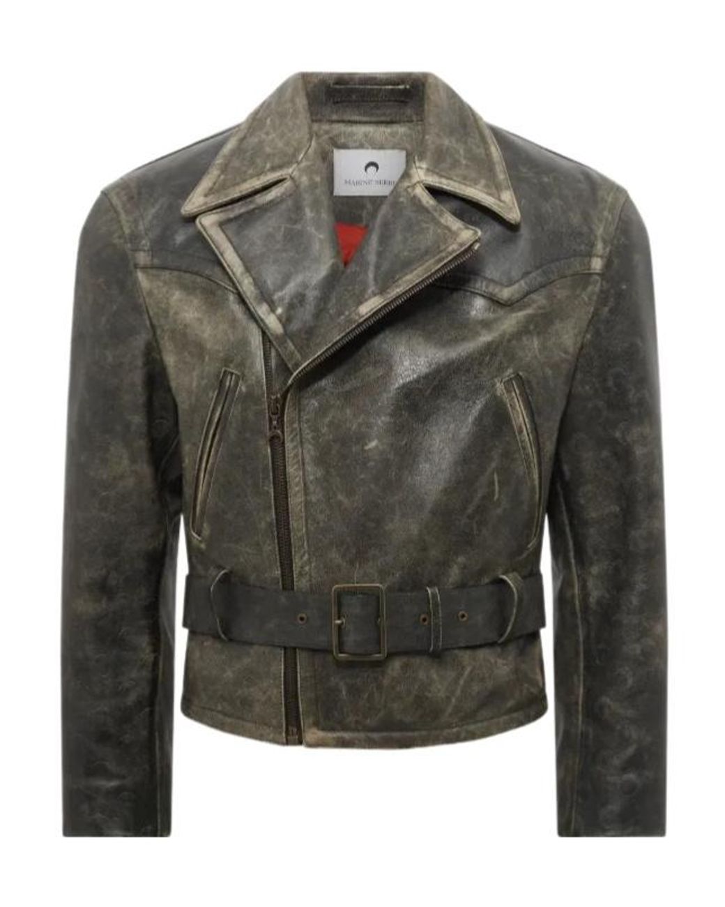 MARINE SERRE Green Moon Belted Leather Biker Jacket for men