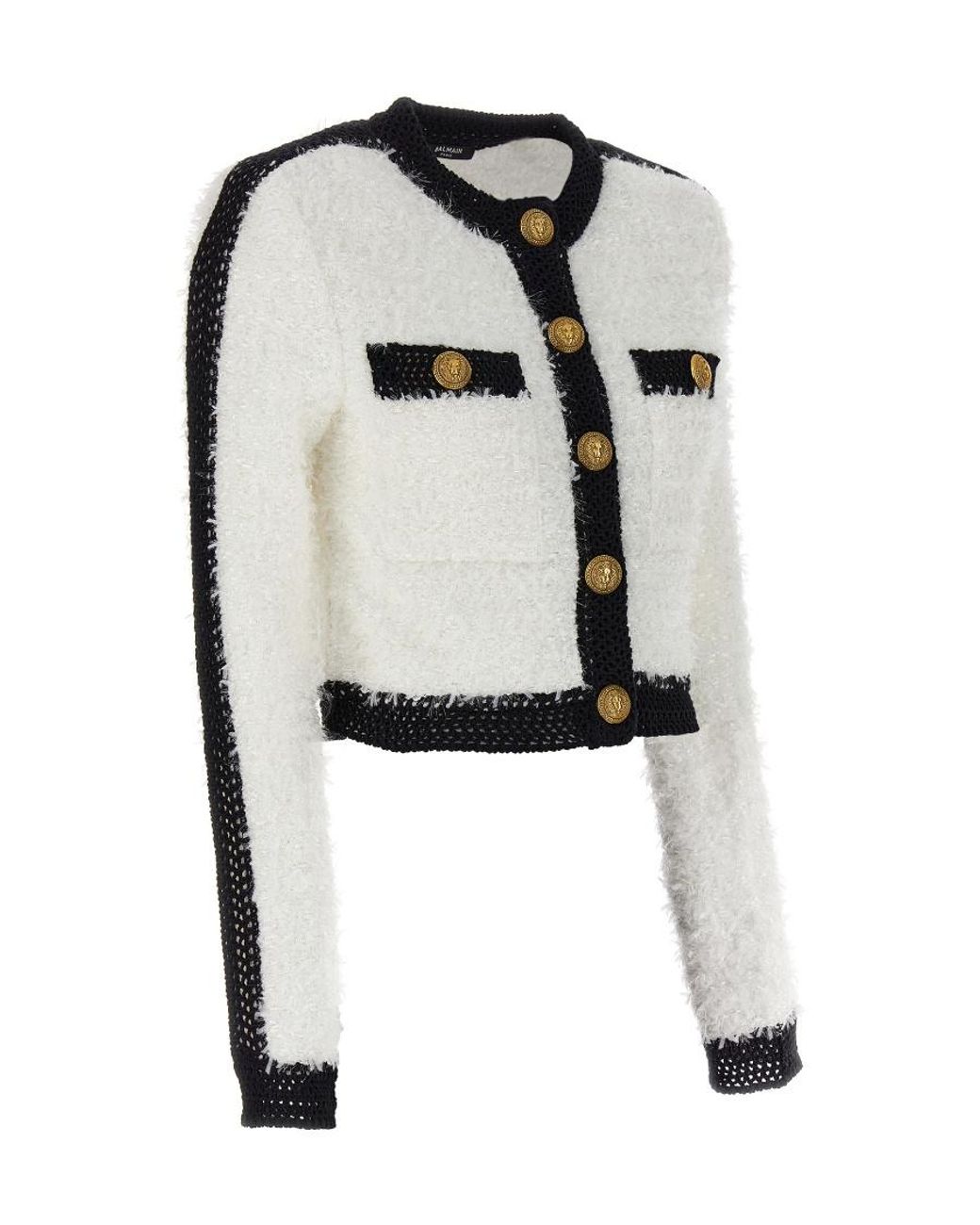 Balmain White Buttoned Cropped Tweed Jacket