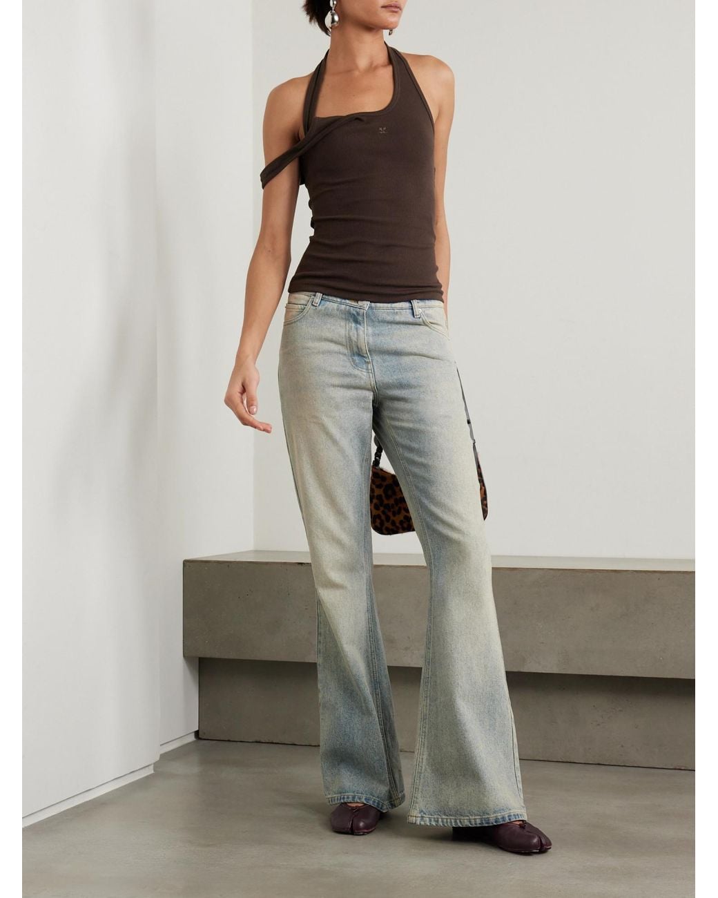 Courreges Brown Asymmetric Embroidered Ribbed Stretch Cotton-Jersey Tank