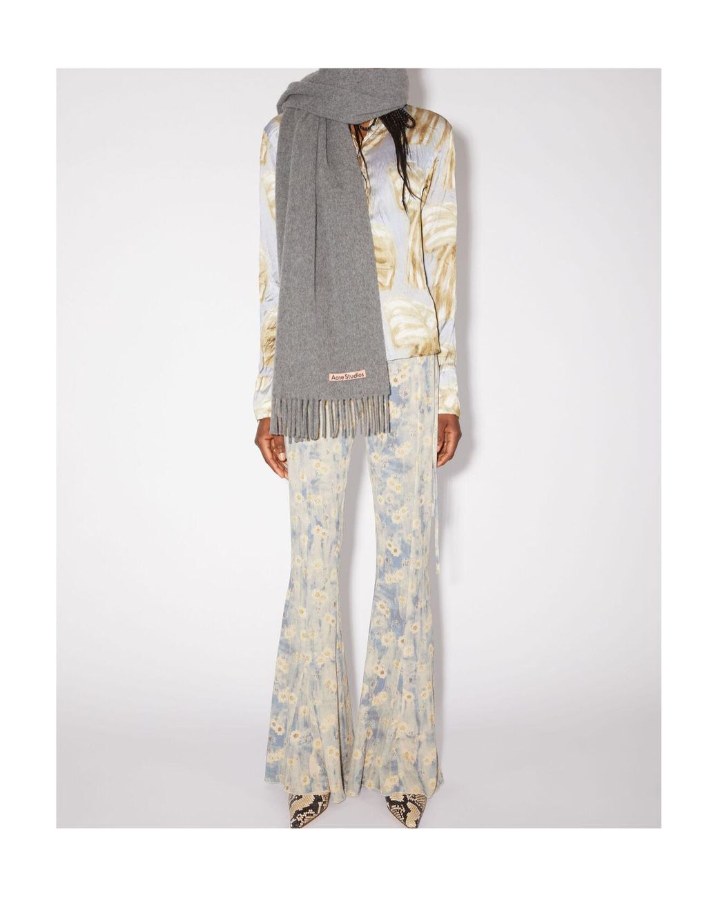 Acne Gray Logo Patch Fringed-Edge Scarf for men