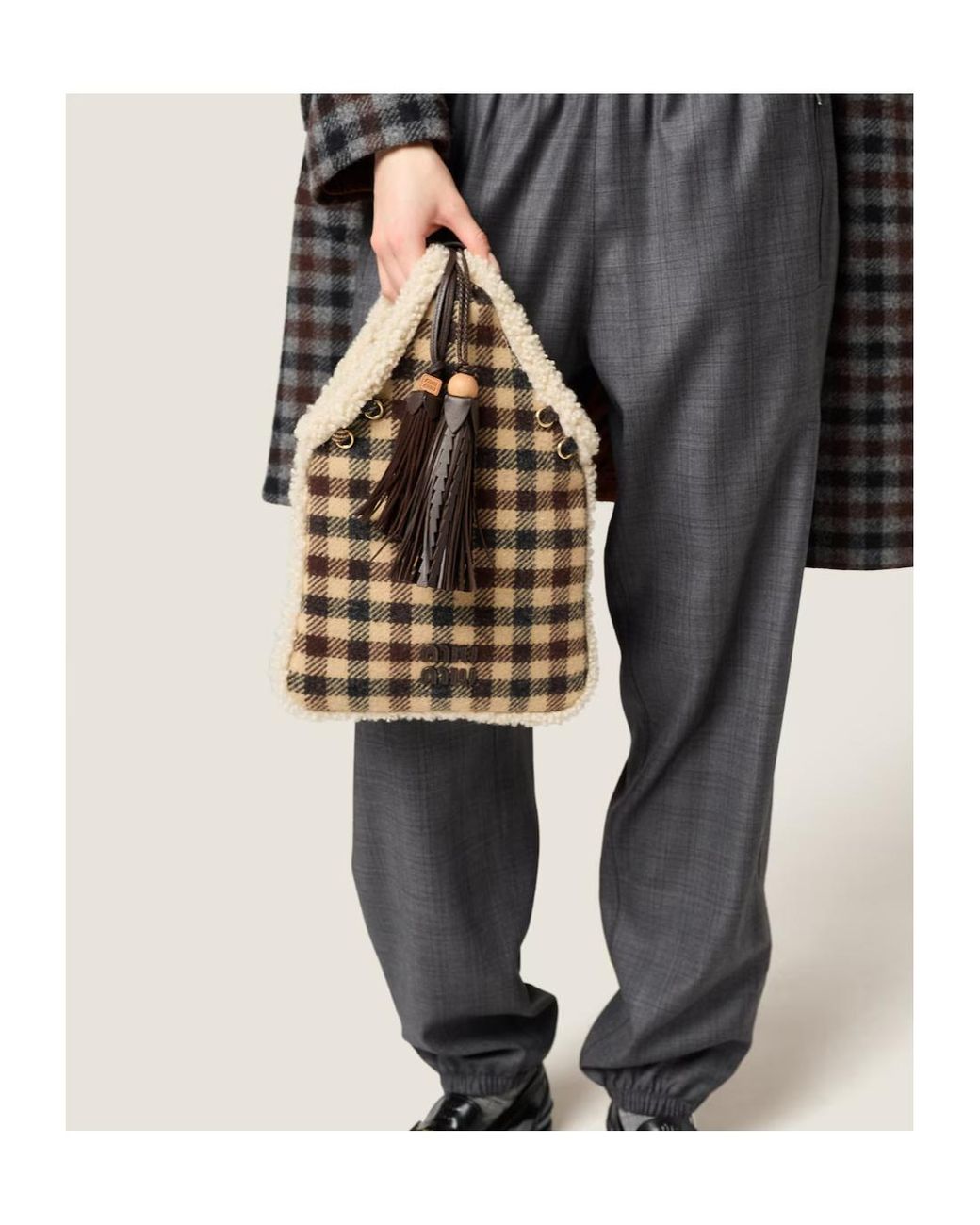 Miu Miu Natural Gingham And Shearling Handbag